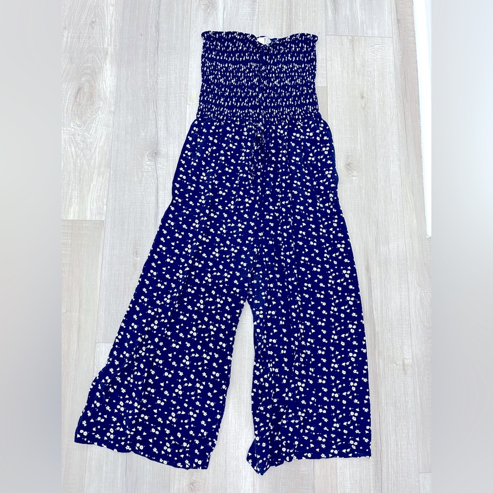 Navy Blue & White Floral jumpsuit - L (runs small)